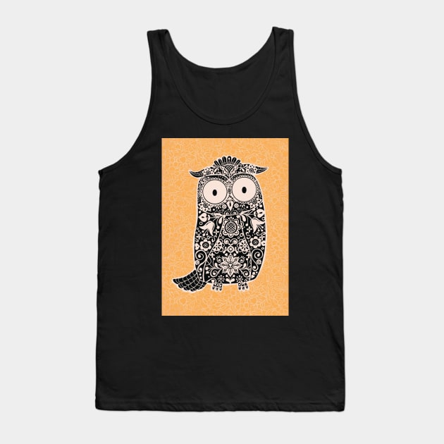 Black and White Folk Art Owl on Yellow Floral Background Tank Top by NattyDesigns